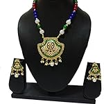 Traditional Designer Rajasthani Style Multicolor Pendant with Beads in Brass Metal Jewellery Set