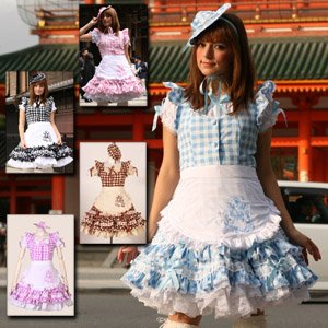 *アリス柄エプロン付ギンガムドレス L232 ゴスロリ ロリータ パンク コスプレ コスチューム メイド サックス m