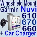  Vehicle Windshield / Suction CUP Mount , Car Mounting Kit for Garmin Nuvi 610, 660, 670 GPS + Car Charger