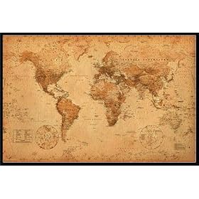 �A���e�B�[�N �X�^�C�� ���E�n�}�@WORLD MAP antique style �|�X�^�[ �t���[���Z�b�g�y���������z [�������ၕ�z�r�[]