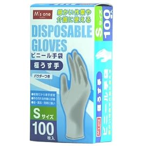 【クリックで詳細表示】エムズワン 極うす手 ビニール手袋 パウダーつき 使い捨て 【Sサイズ】 (100枚入り)