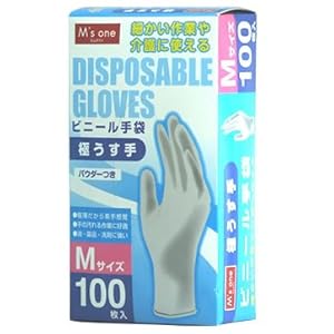 【クリックで詳細表示】エムズワン 極うす手 ビニール手袋 パウダーつき 使い捨て 【Mサイズ】 (100枚入り)