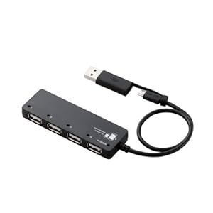 【クリックで詳細表示】エレコム USB2.0 microUSB ハブ 4ポート バスパワーmicroUSBケーブル＋変換アダプタ付 ブラック U2HS-MB02-4BBK