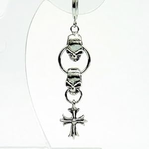 【クリックでお店のこの商品のページへ】1個売り[フェイクピアス]svフープピアス風イヤリング/2連スカルクロス/シルバーcolor[fp5]