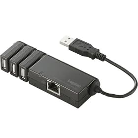 Logitec 3�|�[�g USB�n�u����LAN�A�_�v�^ �u���b�N LAN-TX/U2H3B