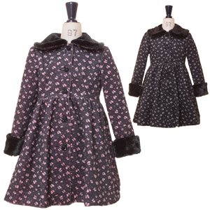 【クリックで詳細表示】＊プチリボン柄ファー付コート kid044 子供服 女の子 子ども こども キッズ ゴスロリ 入学式 卒業式 卒園 発表会 グレー 130
