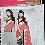 Pink synthetic with gold print and black polka dot half and half saree