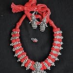 Temple pendant german silver necklace set with red dhori and earring and nosepin