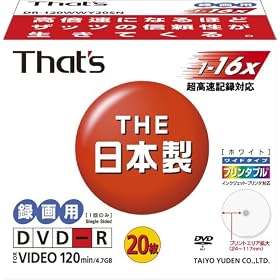 ���z�U�d�� That's DVD-R�r�f�I�p 16�{��120��4.7GB ���C�h�v�����^�u�� 5mmP�P�[�X20���� DR-120WWY20SN