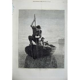 1871 Man Fishing Boat Children Spearing Flounders Fish