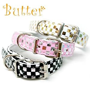 【クリックで詳細表示】Butter(バター) キラキラダイヤモンドチェックの首輪 3色 Lサイズ(首回り40-47cm) (ブラック)