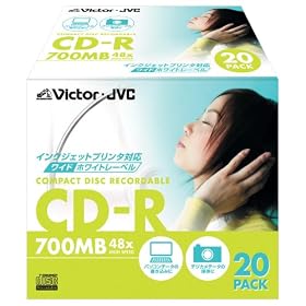 【クリックで詳細表示】Vctor CD-R 48倍速 ワイドホワイトプリンタブル 20枚 [CD-R80PF20]