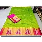 Green with pink leaf Tassar Silk Saree With blouse piece