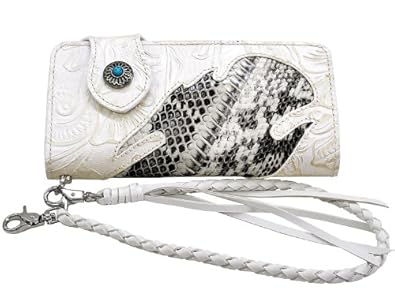 本牛革＆本ヘビ皮使用 カービング型押し 二つ折り 長財布 ホワイト ウォレットチェーン付き モンタナパイソン 白
