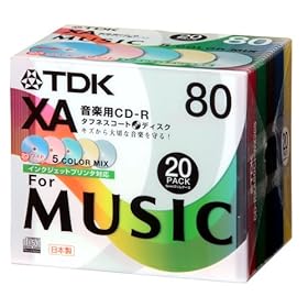 【クリックで詳細表示】TDK 音楽用CD-R 日本製 5色カラーミックスワイドプリンタブル 5mmPケース入り 20枚パック CD-RXA80CPWX20S