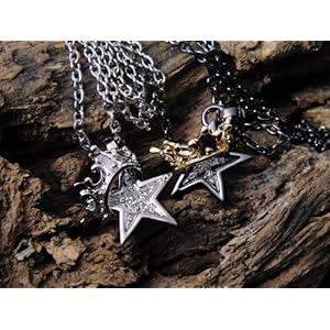 【クリックでお店のこの商品のページへ】18金イエローゴールド仕上げ クラウン スター ネックレス ガンメタリックカラー スワロフスキー 黒 王冠 星