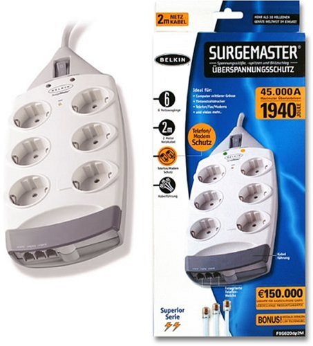 Kamerazubeh&ouml;r: Belkin 6-Fach �berspannungsschutz SurgeMaster Superior, zus�tzl. Schutz f�r Telefon, bis 150.000 Euro Garantie f�r angeschl. Ger�te 2m