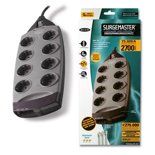 Kamerazubeh&ouml;r: Belkin 8-Fach �berspannungsschutz SurgeMaster Maximum, zus�tzl Schutz f�r Telefon, 275.000 Euro Garantie f�r angeschl. Ger�te, 4m