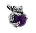 Sterling Silver Cat or Kitten on Dark Purple Amethyst Sphere Slide Pendant