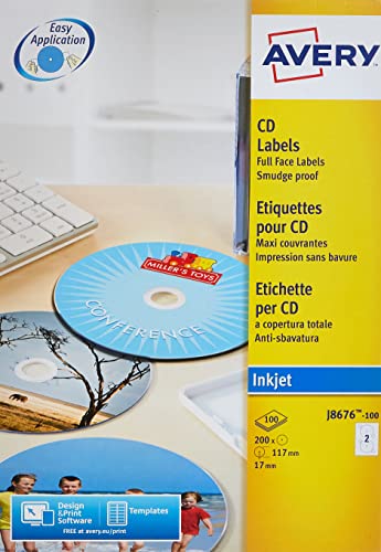 Avery Zweckform, J8676-100, CD-Etiketten, 100 Blatt, SuperSize-Spezialformat, bis 2880 dpi, schnell trocknend, spezielbeschichtet, ø 117 mm