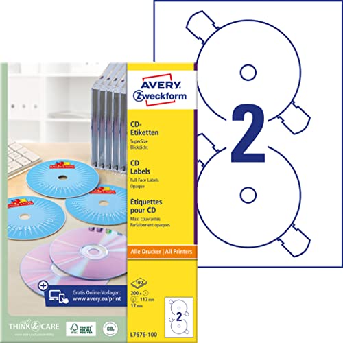 Elektronik und Foto: Avery Zweckform, L7676-100, CD-Etiketten, 100 Blatt, SuperSize-Spezialformat, blickdichtes Beschriften, Archivieren etc. von CDs, � 117mm
