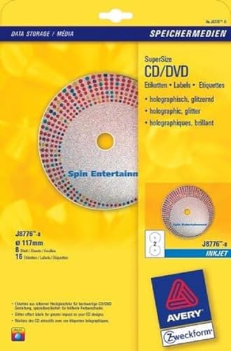 Elektronik und Foto: Avery Zweckform, J8776-8, CD-Etiketten, 8 Blatt, SuperSize-Spezialformat, Inkjet, holographischen Effekt in Regenbogenfarben, � 11