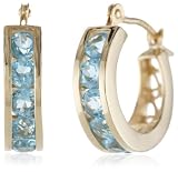 14k Yellow Gold Channel Set Round Blue Topaz Hoop Earrings