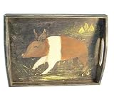 ArtisanStreet's Wood Tray Features Brown & White Pig on a Background of Golden Haystacks. Hand Painted. One of a Kind. Signed by Artisan.