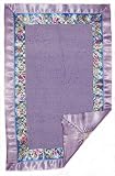 Lavender Cuddle Bug Security Blanket - Multi-textured, double layered security blanket for babies and toddlers. 14 in x 22 in. 100% Cotton Terry cloth, 100% Cotton Flannel with 100% Polyester Satin trim and ribbon. Made in USA.