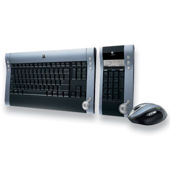 Lautsprecher: Logitech diNovo Media Desktop Laser Tastatur schnurlos 104 Tasten MS WXP US + MX1000 Laser Mouse, MediaPad Schwarz-silber