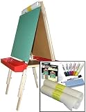 Beka Adjustable Double-Sided Easel and Supplies Combo #3, Magnetic and Chalkboard Surfaces, Top Paper Holder, Red Trays