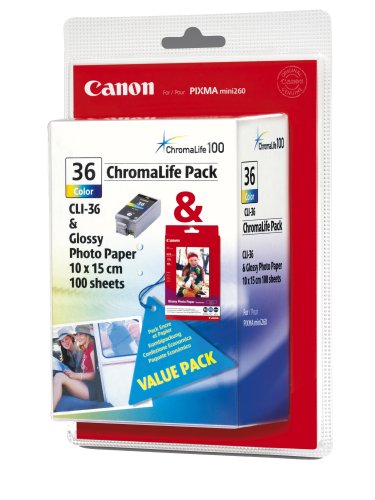Camcorder: CANON CLI-36 Tinte Chromalife Mini260 + GP-501 Fotopapier 10x15cm 100Blatt