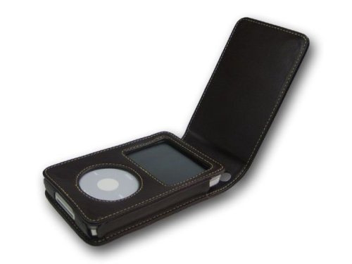 Kamerazubeh&ouml;r: Braune Klapp - Ledertasche f�r den iPod Video 30 GB inkl. abnehmbarem G�rtelclip & Displayschutzfolie