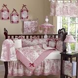 Vintage French Red Toile Baby Crib Infant Nursery 9 piece Bedding Set