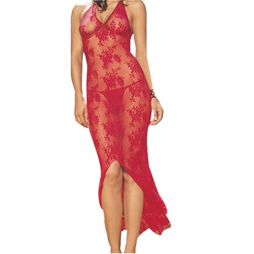 2 Piece Halter Lace Long Bias Cut Gown with G-String