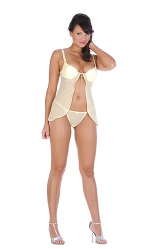 Underwired babydoll with silver chain detail, satin trim, and matching G-string