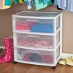 Sterilite 29308001 3-Drawer Wide Cart with See-Through Drawers and Black Casters, White