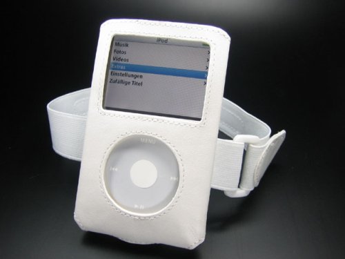 TFT Monitore: Wei�e Steck - Ledertasche f�r den iPod Video 60/80 GB inkl. Joggingarmband & Displayschutzfolie