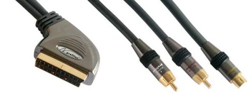 Heimkinosysteme: High-End Audio-Video Adapterkabel 3,00 Meter 24 Karat vergoldete Kontakte, 21-pol Scart-Stecker (IN/OUT umschaltbar) auf 1 x S-VHS Stecker 2 x Cinch-Stecker Audio (L+R) * Audio-Video Adaptor cable 3,00 meters of 24 carat gilded contacts, 21-pol Scart plug