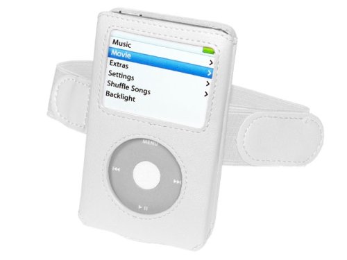 TFT Monitore: Wei�e Steck - Ledertasche f�r den iPod Video 30GB inkl. Joggingarmband & Displayschutzfolie