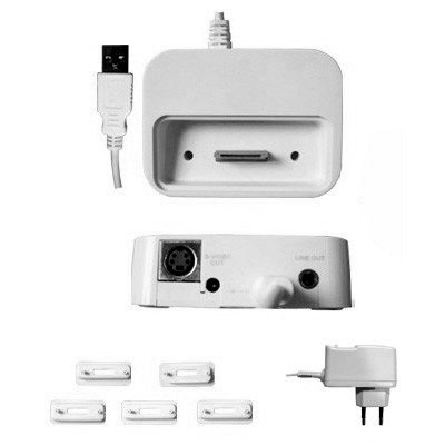 Audio und Video: USB Docking Station fuer Ihren MP3-Player - Dockingstation mit 5 verschiedenen Einsaetzen fuer verschiedene MP3 Player, mit Ladegeraet, S-Video Out und Line Out!