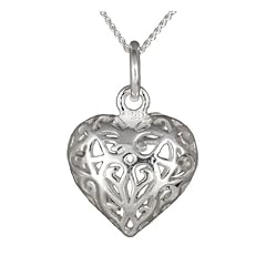 Silver Ladies Filigree Open Heart Pendant 18Curb