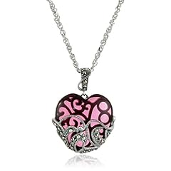 Sterling Silver Marcasite & Garnet Glass Heart Pendant, 18