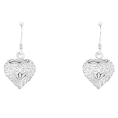 Silver Ladies Filigree Open Heart Hook Wire Earrings