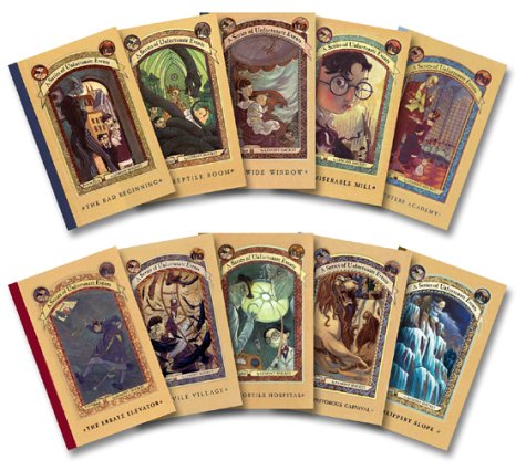 A Library of Unfortunate Events, Books 1-10 (The Bad Beginning, The Reptile Room, The Wide Window, The Miserable Mill, The Austere Academy, The Ersatz Elevator, The Vile Village, The Hostile Hospital, The Carnivorous Carnival, The Slippery Slope) [SHRINK  Cover