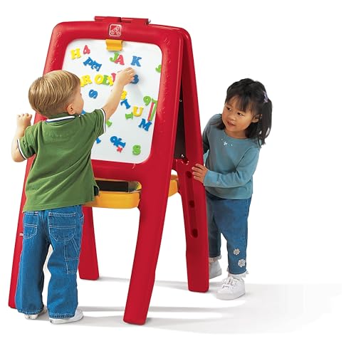 Step2 Easel for Two Toddlers - Durable Two-Sided Art Dry Chalk board with Magnetic Letters, Sign and Numbers, Red Poster